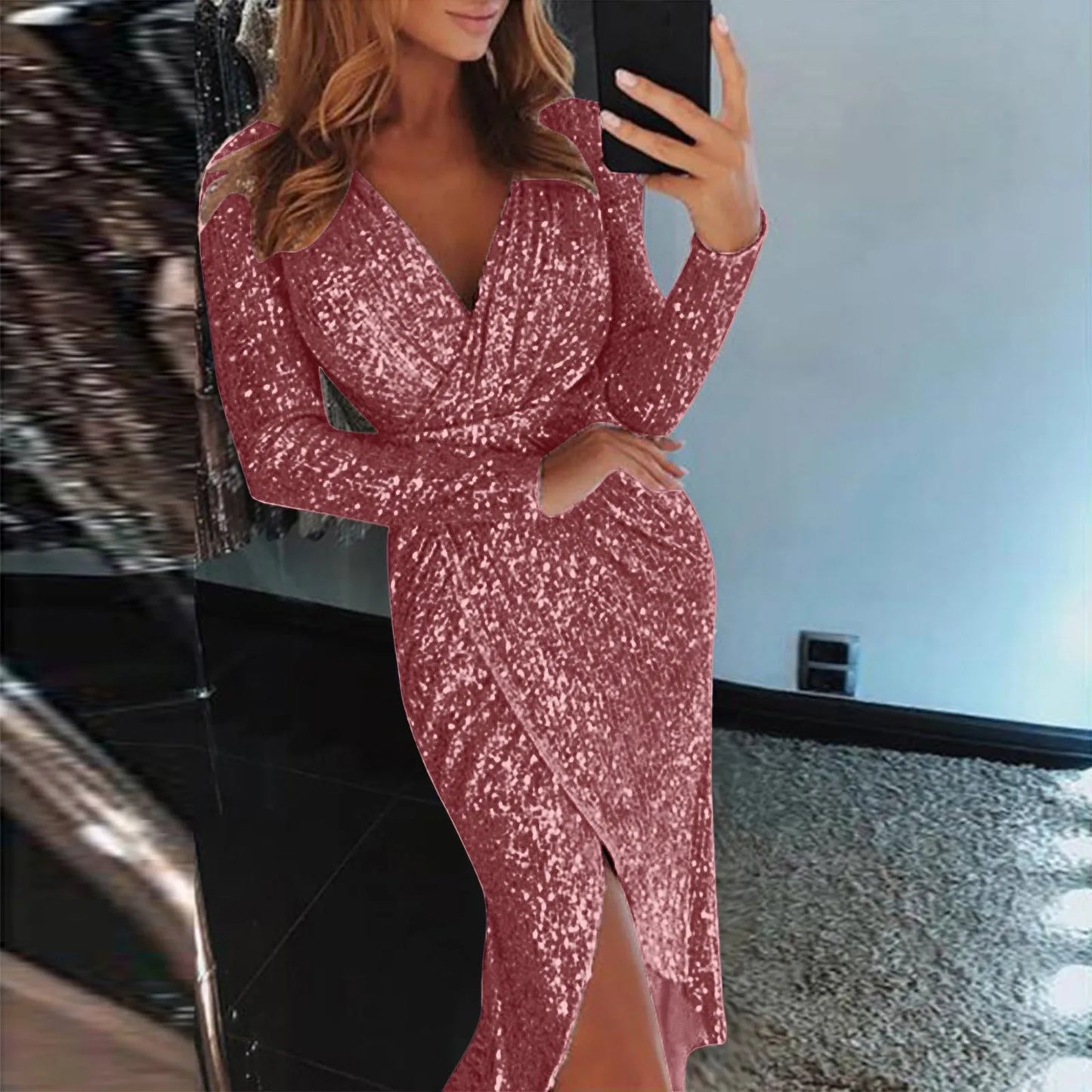 Slim Deep V Neck Hot Stamping Wrap Hip Long Sleeve Formal Dress