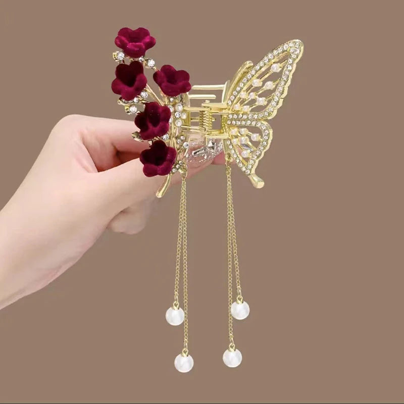 Exquisite Rhinestone Butterfly Fringe Hair Claw Clips Korean New Ponytail Braid Pearl Hairpin Girl Crab Metal Headdress Gift