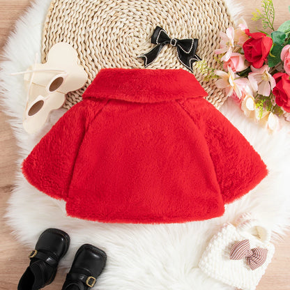 Girls' top coat cotton coat bow pearl ball coat winter new lapel long sleeve warm thick coat solid color girls' winter coat