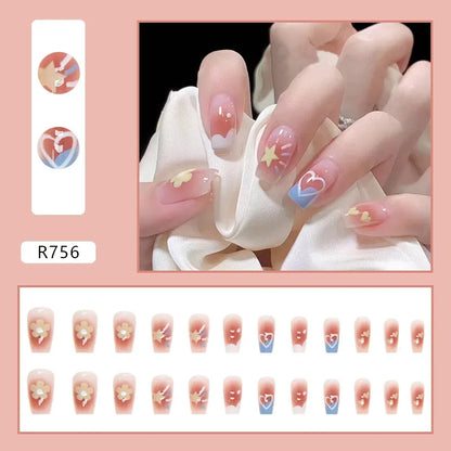 Vintage Camellia Wearable Pink Press on Fake Nails Tips with Glue False Nails Design Butterfly Lovely Girl False Nails