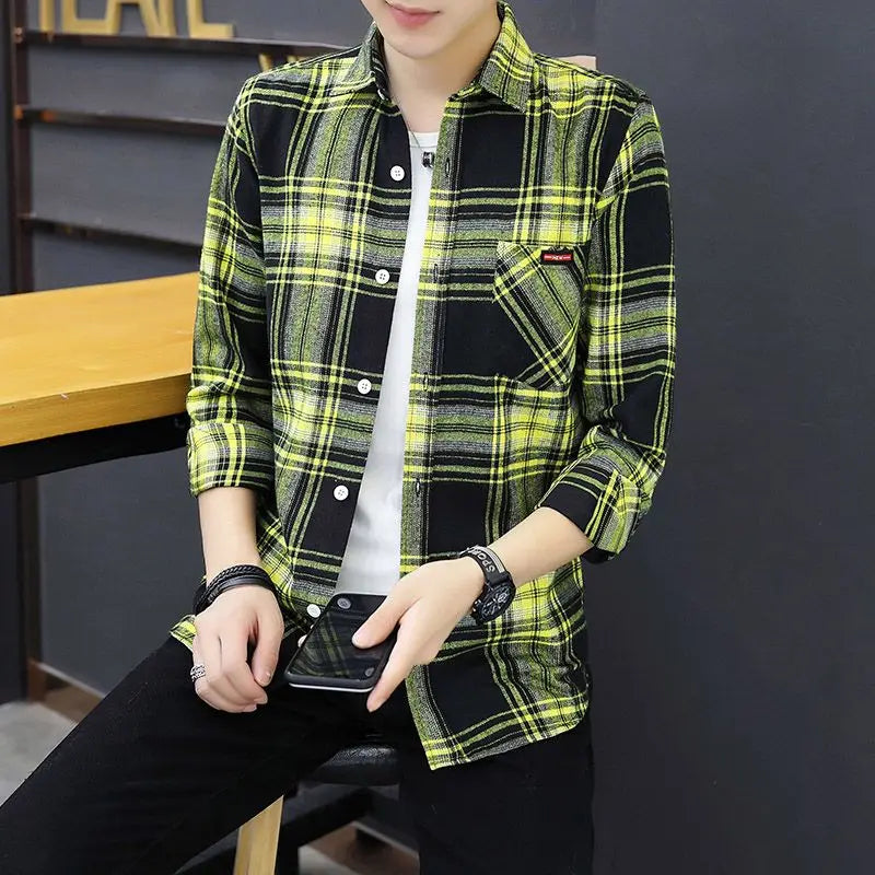 Spring Autumn New Fashion Turn-down Collar Long Sleeve Plaid Blouse Men's Clothing Casual All-match Korean Button Trend Shirts