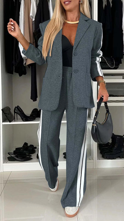 Autumn And Winter New Long Sleeves Suit Women's Suit Fashion Pimp Stitching Pants Pocket Female Office Blazer 2 Piece Set 2024