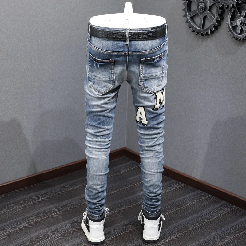 Designer street fashion men's jeans with elastic tight fit washed blue embroidery men's jeans hip-hop style pants hombre