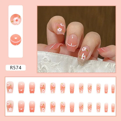 Vintage Camellia Wearable Pink Press on Fake Nails Tips with Glue False Nails Design Butterfly Lovely Girl False Nails