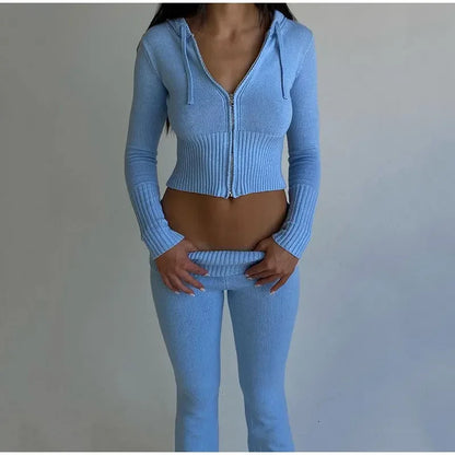 Fashion Women Ribbed Knit 2 Piece Outfits Long Sleeve Zipper-Up Slim Fit Hooded Crop Top Elastic Long Pants Set Y2K Tracksuits