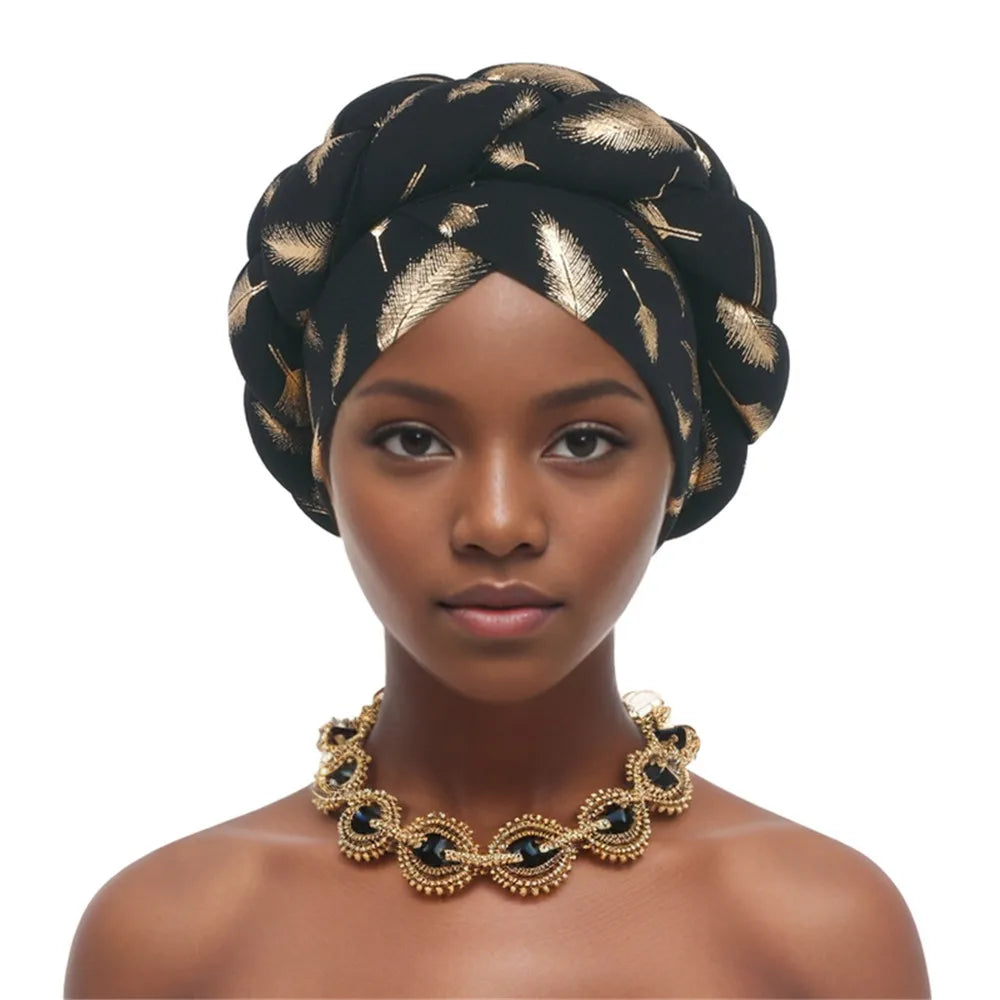 Muslim Headscarf Bonnet Turbante mujer Feather Gold Stamping Braids Turban Cap for Women Fashion African Lady Head Wraps