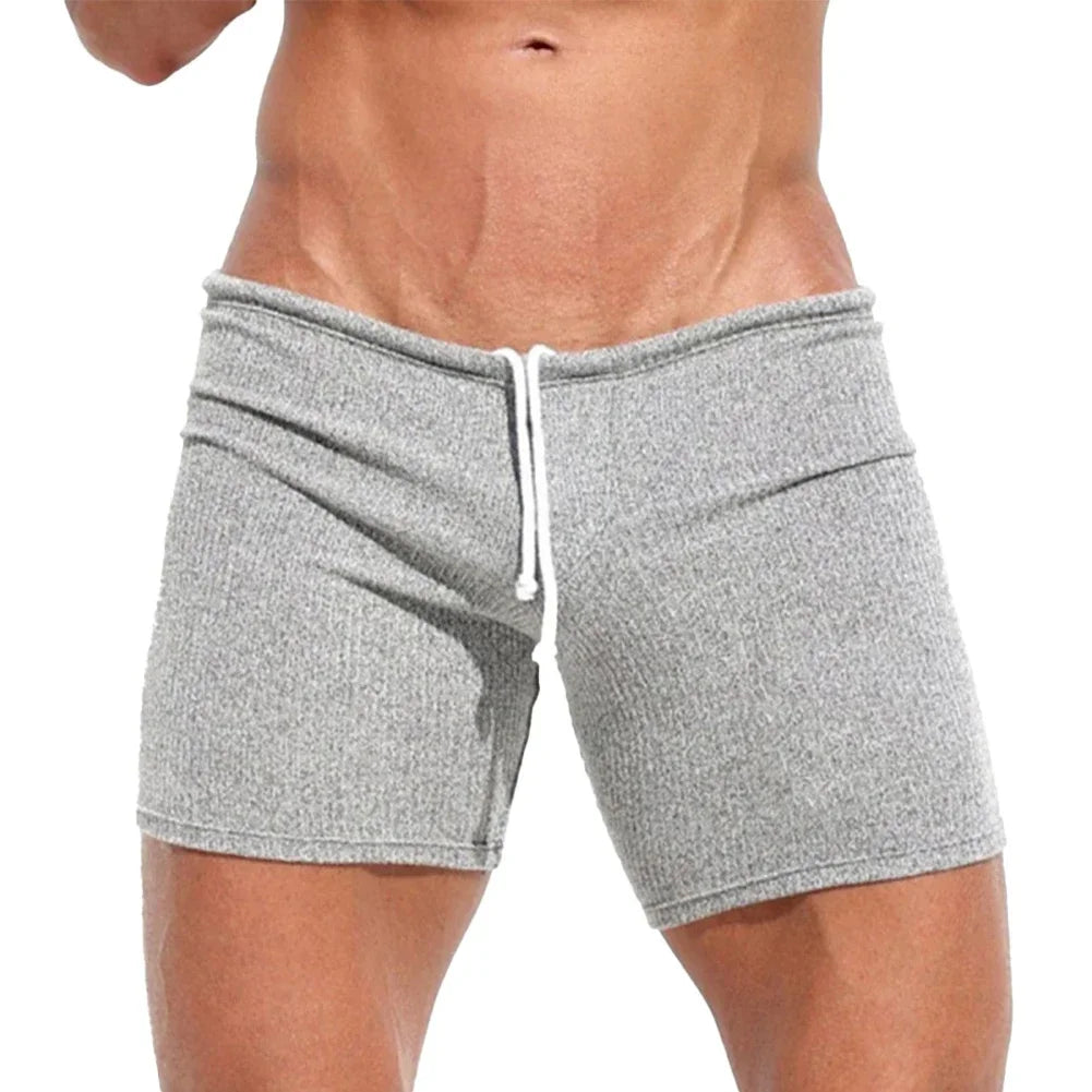Mens Sexy Drawstring Ribbed Sleepwear Shorts Outdoor Sports Jogging Gym Sportswear Short Pants Holiday Casual Slim Male Shorts