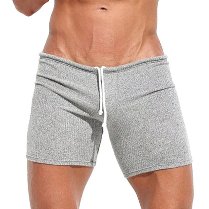 Mens Sexy Drawstring Ribbed Sleepwear Shorts Outdoor Sports Jogging Gym Sportswear Short Pants Holiday Casual Slim Male Shorts