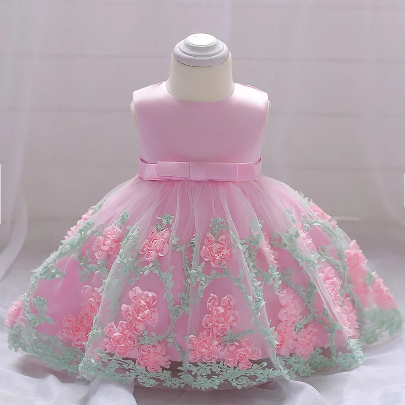 Baby Girl Dress Baptism Princess Dress New Bow Flower Lace Sleeveless Mesh Tutu Birthday Party Dress Baby Girl Wedding Dress