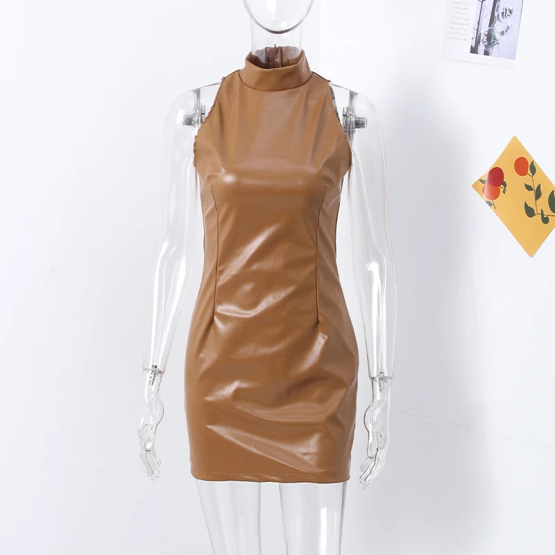 Fashion PU Leather Mini Dress Women Elegant Stand Collar Bodycon Short Party Dress Female Sexy Slim Sleeveless Evening Vestidos