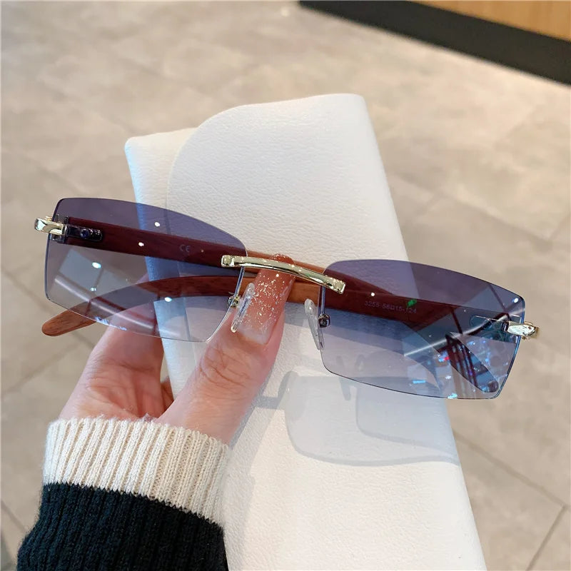 KAMMPT Rimless Sunglasses For Men Women Wooden Pattern Luxury Brand Retro Sun Glasses Fashion Shades UV400 Travel Outdoor