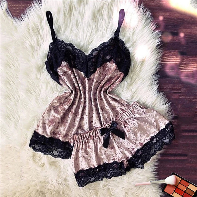 Women Pajama Suit Fashion V-Neck Stretch Satin Babydoll Lace Sexy Lingerie Bowknot Pyjamas Sleep Shorts 2 Piece Set Sleepwear