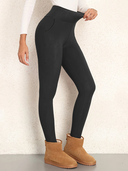 Women's Thickened Winter With Pocket High Waisted Fleece-Lined Leggings For Outdoor Casual Warmth And Cold Protection