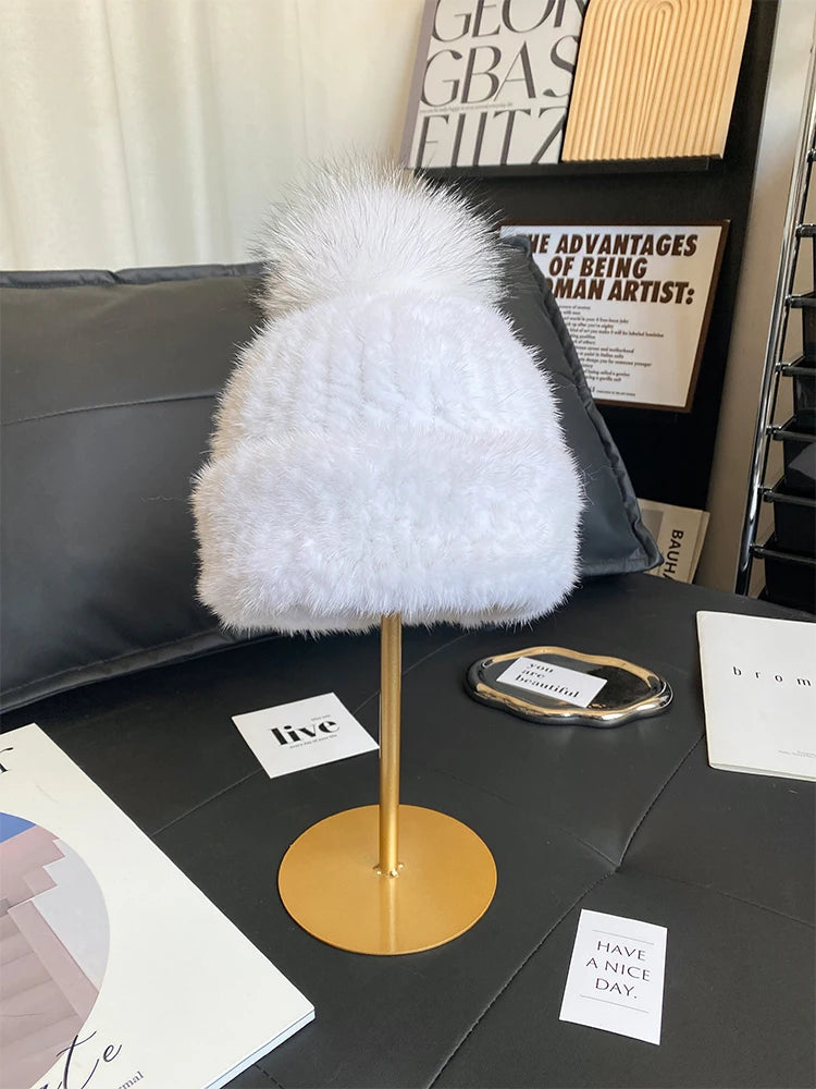 New Women Winter Natural Mink Fur Hats Knitted Real Mink Fox Fur Ball Caps Female Russian Warm Beanies Hat Fur Hat