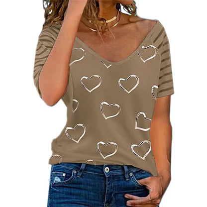 Women T-shirts V Neck Summer Short Sleeve Tops Tees Heart-Shaped Graphics Ladies Clothes Oversized Female Fashion Y2k Streetwear