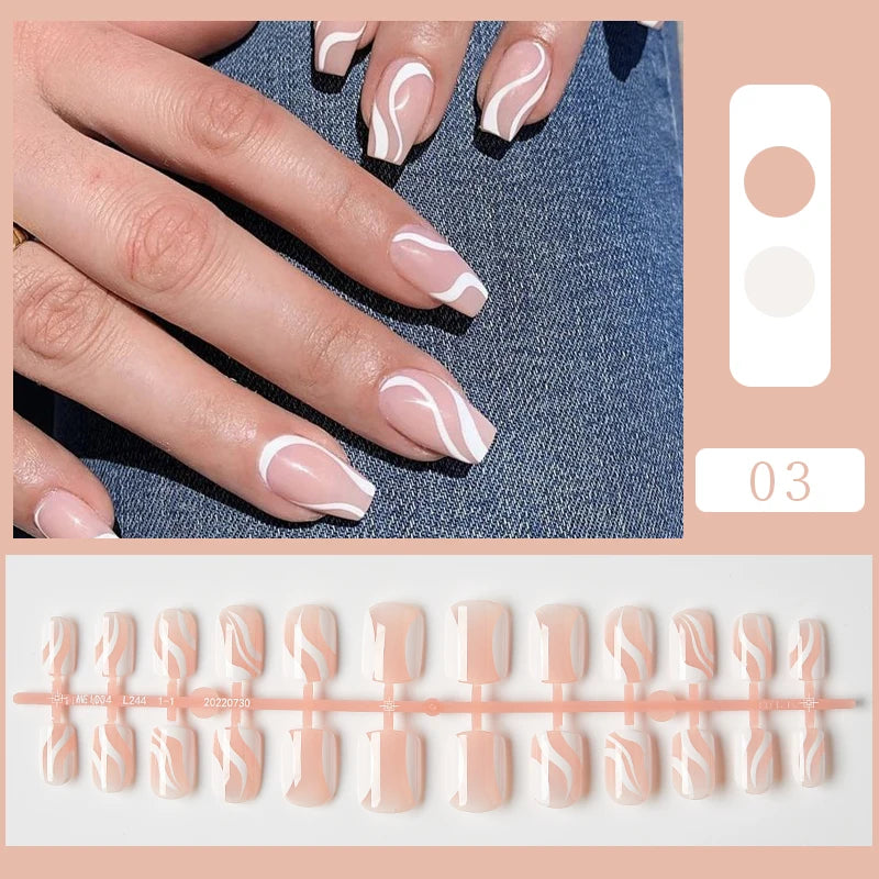 24pcs Short Sqaure Fake Nails for Summer Black Lace Press on Nail Simple False Nail Tips