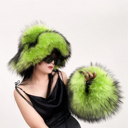 Fur bucket hat and bag set Women's warm plush autumn and winter hat Punk style imitation raccoon fur basin hat and handbag