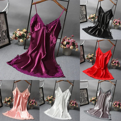 Women Satin Skin-friendly Comfortable Nightdress Sexy Lace Bowknot Pajamas Deep V Neck Thin Straps Robe Dress Soft Sleepwear