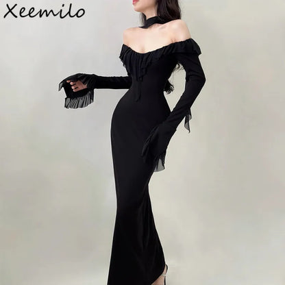 Mesh Ruffles Evening Dress Round Collar Slim Long Sleeve