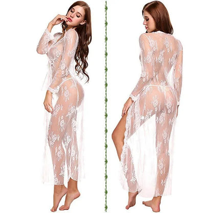 Toucheart Sexy Lace Mesh Transparent Sexy Robe Nightgown Women's See-Through Lace Printing Deep V-Neck Home Ultrathin Nightgown