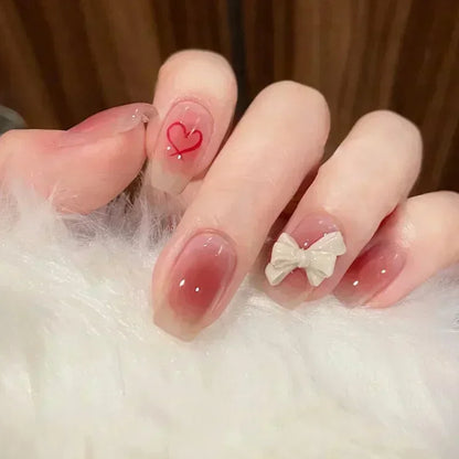 24pcs Black Short Ballet False Nails with Glue French Design Detachable Fake Nails Art Heart Full Cover Press on Nails Tips