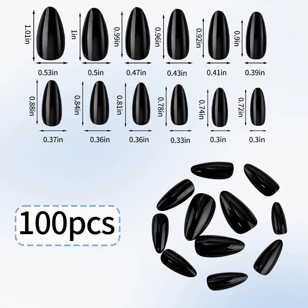 100Pcs Almond Press on Nails Medium Length Nails Black Matte