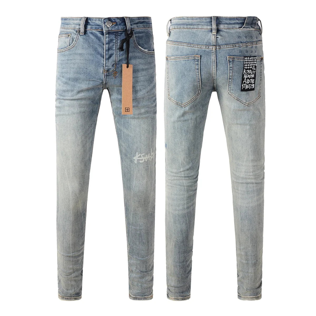 25SS New Men Streetwear Fashion KSUBI Cross Jeans Vintage Wash Do Old Patch Light Blue Stretch Slim Denim Trousers Brand Jeans