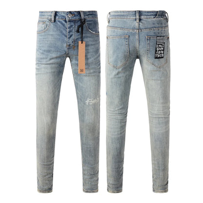 25SS New Men Streetwear Fashion KSUBI Cross Jeans Vintage Wash Do Old Patch Light Blue Stretch Slim Denim Trousers Brand Jeans