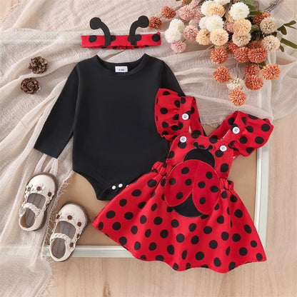 Pudcoco Infant Baby Girls Autumn Skirt Sets Flying Sleeve Romper Bee/Beetle Embroidery Suspender Dress Headband Sets