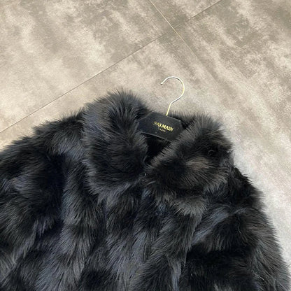 Winter Women Cotton Jacket Lapel Long Sleeve Patch Cross Short Fur Coat Black 2025 New