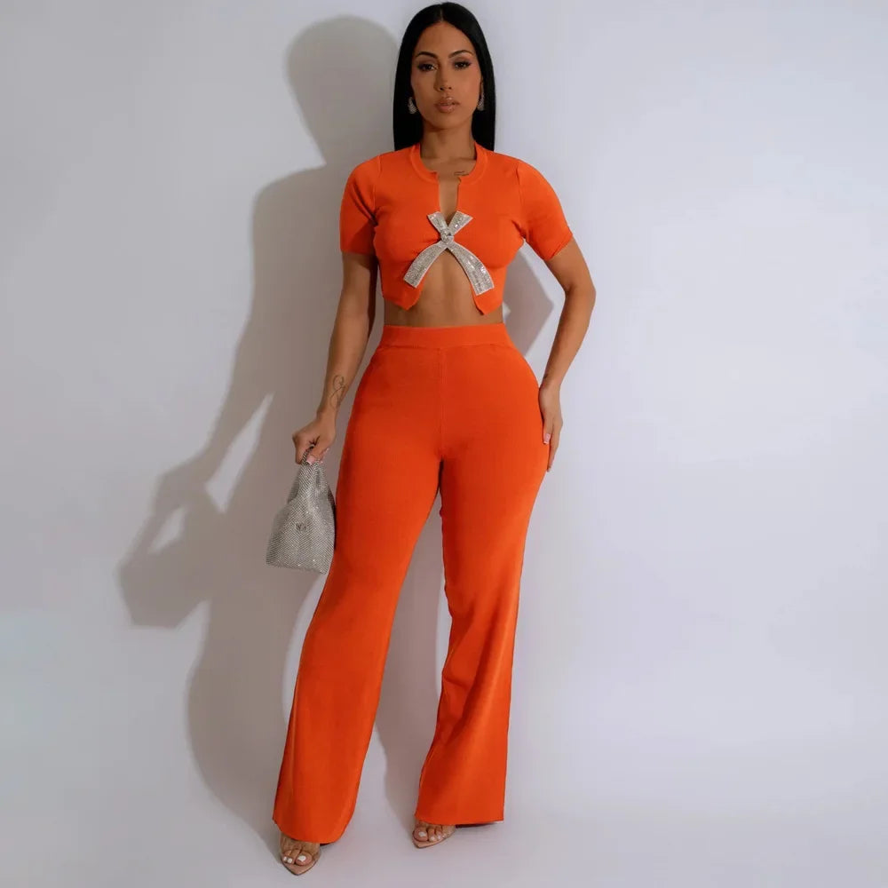 Women's Set Short Sleeve Diamonds Bowknot O-neck Tops +Wide Leg Pants Suits 2025