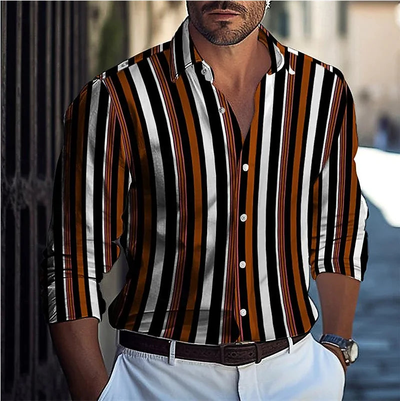 Striped Men's Business Casual 3D Printed shirt Spring/Summer lapel long sleeve Comfortable and elegant garment top