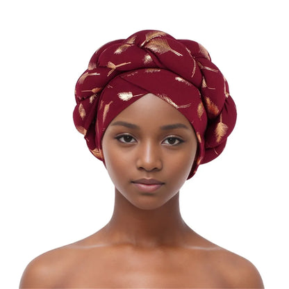 Muslim Headscarf Bonnet Turbante mujer Feather Gold Stamping Braids Turban Cap for Women Fashion African Lady Head Wraps