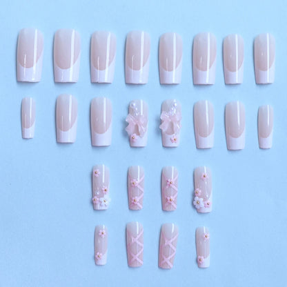 ARTAUG 24PCS Long Coffin Press On Nails Pink Ballerina Bowknot Nails Fake Nails Press On Nails Pink Sakura Cherry Blossom Nails