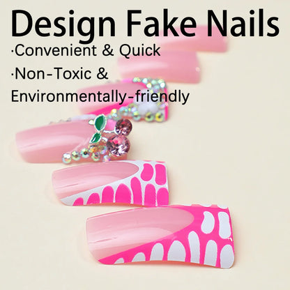 24Pcs French Fake Nails Pink Rhinestone Design False Nail Duckbill Shaped Wearable Manicure Full Cover  Press on Nails for Women