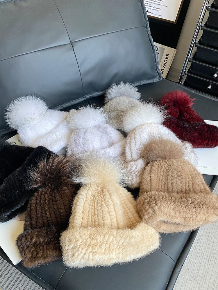 New Women Winter Natural Mink Fur Hats Knitted Real Mink Fox Fur Ball Caps Female Russian Warm Beanies Hat Fur Hat