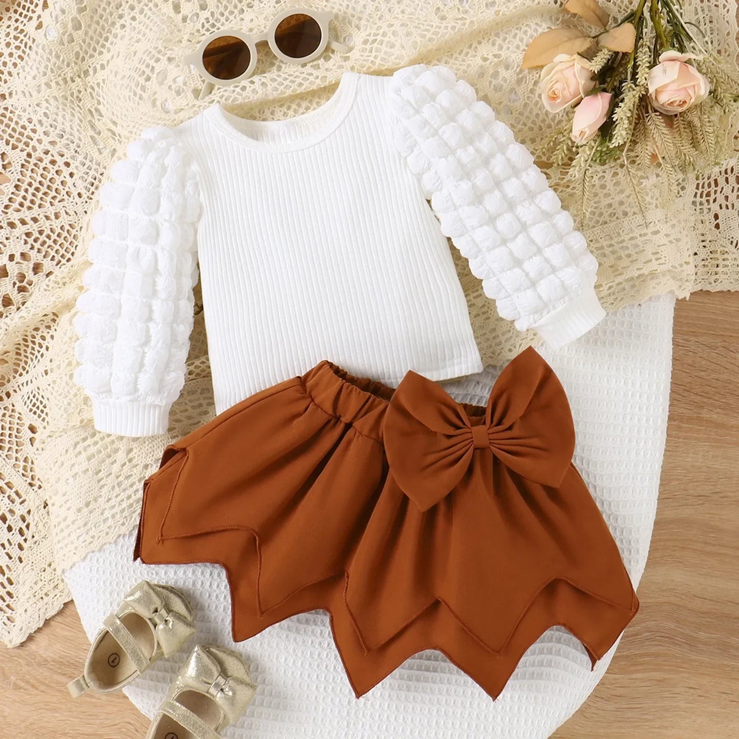 Ceeniu Baby Girl Outfit Sets For Newborn 3-24 Months Puffy Sleeve White T-shirt and Irregular Brown Skirt Toddler Girl Clothing