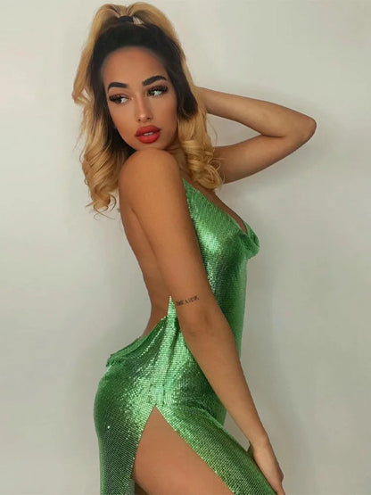 Sexy Sparkly Dress Halter V Neck Cami Mini Bodycon Party Dress