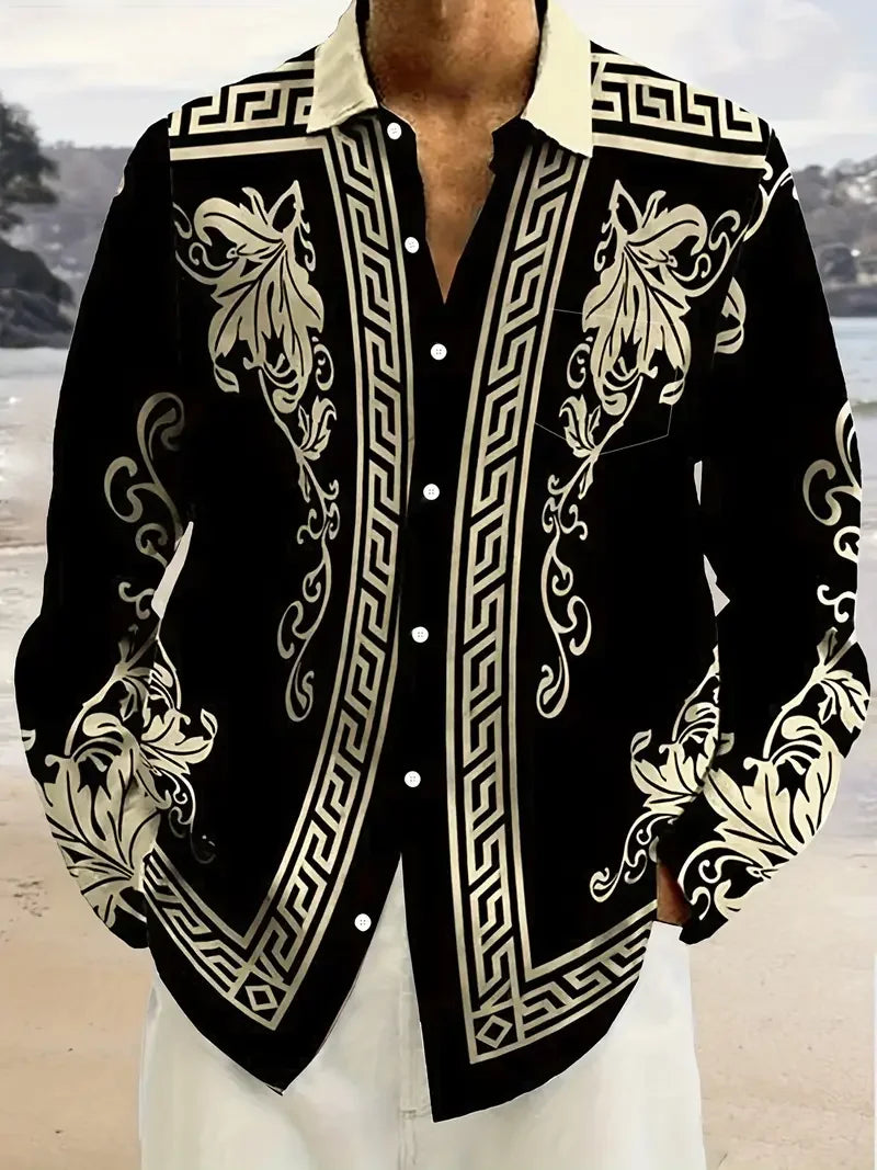 Men's retro long sleeved shirt, luxurious gold Baroque chain pattern printed fashion long sleeved top for spring and autumn