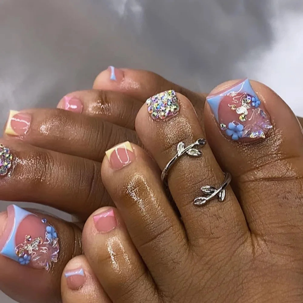 3D Flowers Butterfly Pearl Rhinestone Fake Toenails White French Summer Toe False Nails Detachable Press on Toenails with Glue