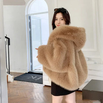 New Environmentally Friendly Fur Imitation Fox Hair Hooded Jacket Women's Korean Premium Furry Warm Jacket Women