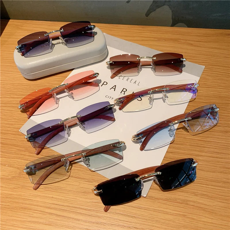 KAMMPT Rimless Sunglasses For Men Women Wooden Pattern Luxury Brand Retro Sun Glasses Fashion Shades UV400 Travel Outdoor