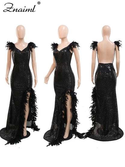 Elegant Party Guest Backless Side High Split Sexy Sequins Feathers Mermaid Evening Dresses