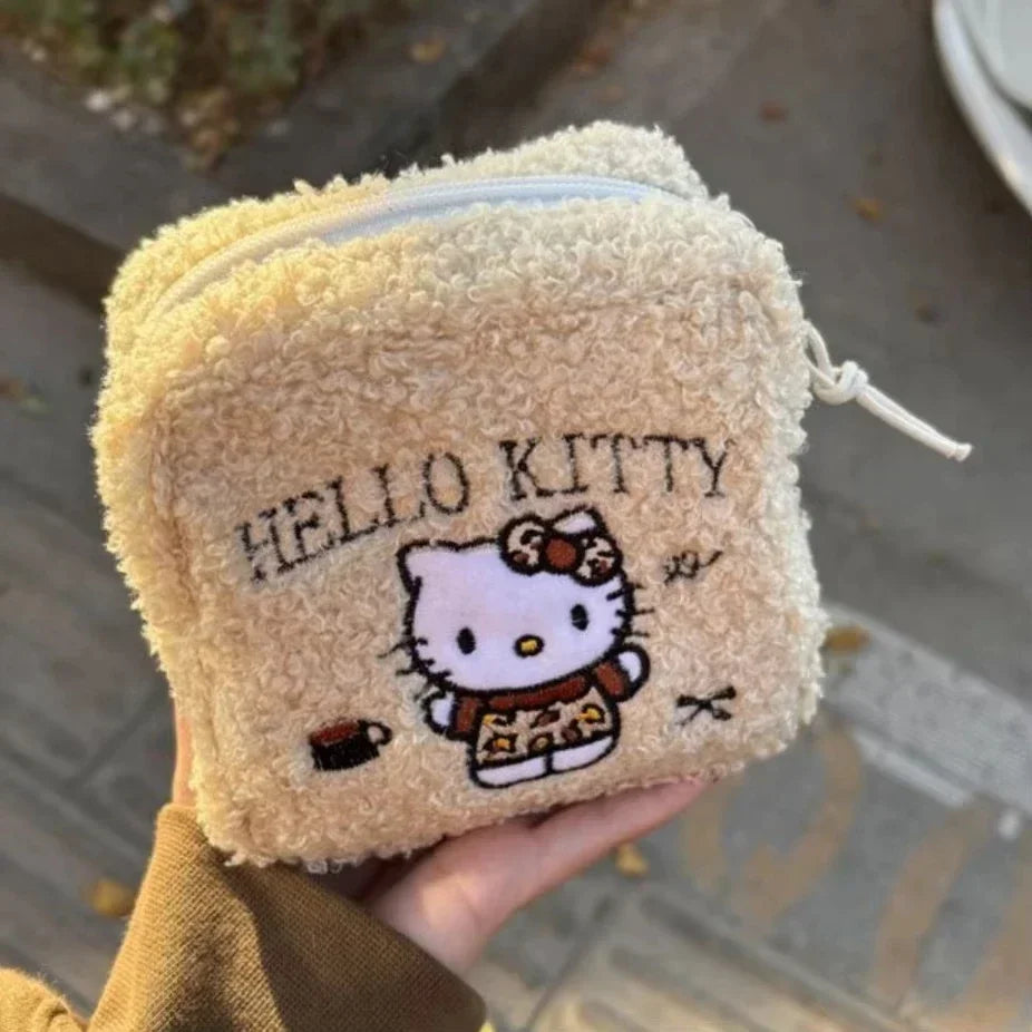 Hello Kitty Plush Coin Purse Miniso Earphone Bag New Cartoon Fashion Versatile Embroidered Wool Style Lipstick Storage Handbag