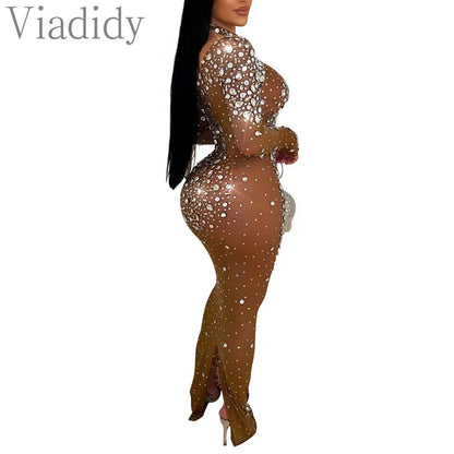 Women Sexy See Through Sheer Mesh Rhinestone Decor Long Sleeve Maxi Party Dress