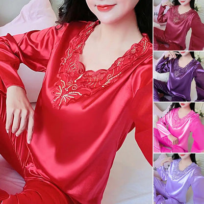 2 Pcs/Set Women Pajamas Set Silky Long Sleeves Spring Nightie Set V Neck Loose Sleeping Lace Women Nightie Set For Bedroom