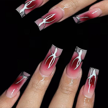 24Pcs Long Square Press on Nails Flame Hot Girl Coffin False Nails Pink French Fake Nails Wearable Full Cover Acyrlic Nail Tips