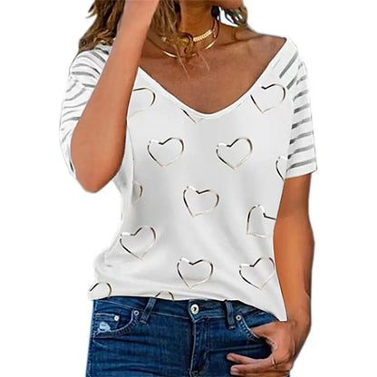 Women T-shirts V Neck Summer Short Sleeve Tops Tees Heart-Shaped Graphics Ladies Clothes Oversized Female Fashion Y2k Streetwear