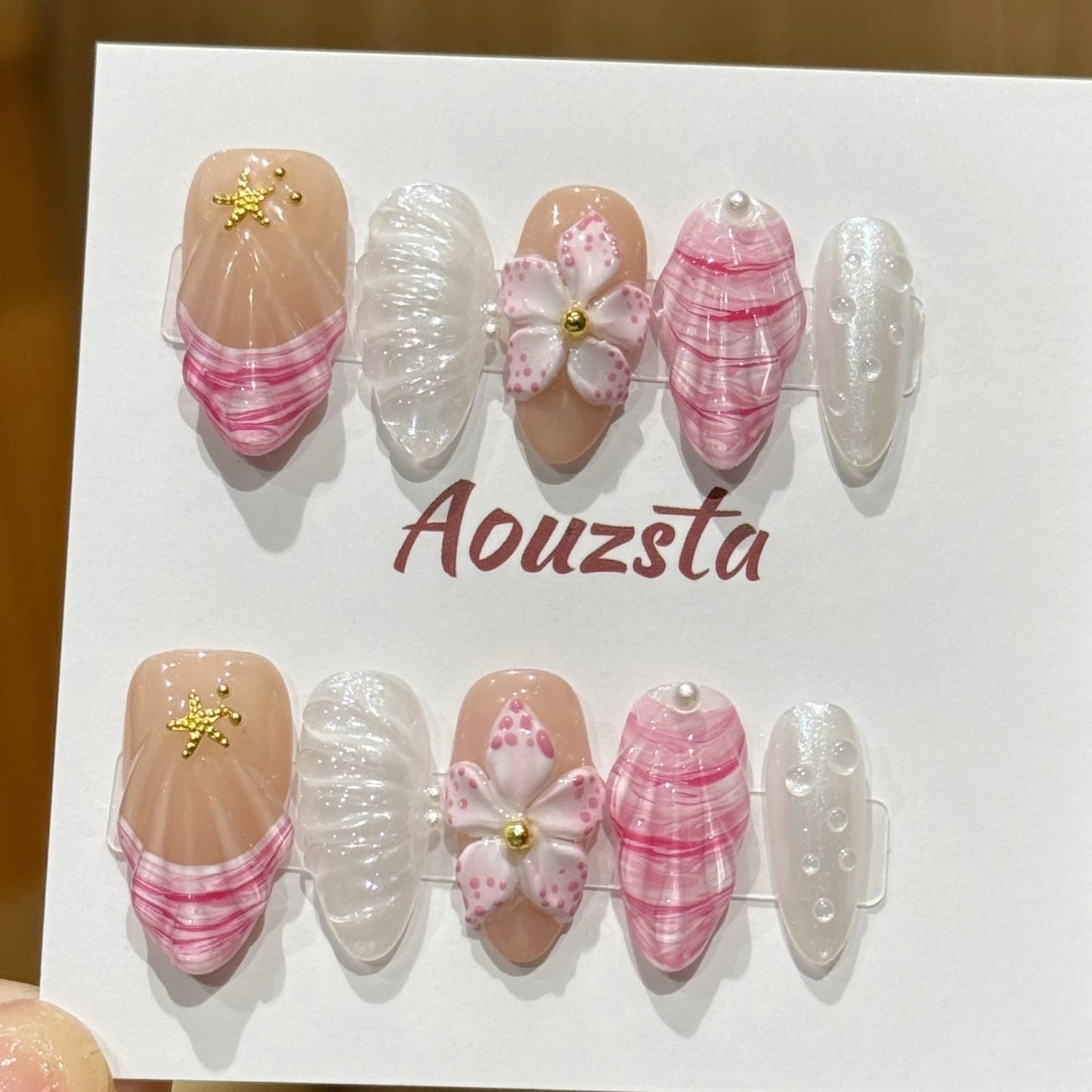 10pcs Handmade Press On Nails 3D Carving Flower Shells False Nails Detachable Summer Almond Pink French Style Fake Nail Tips