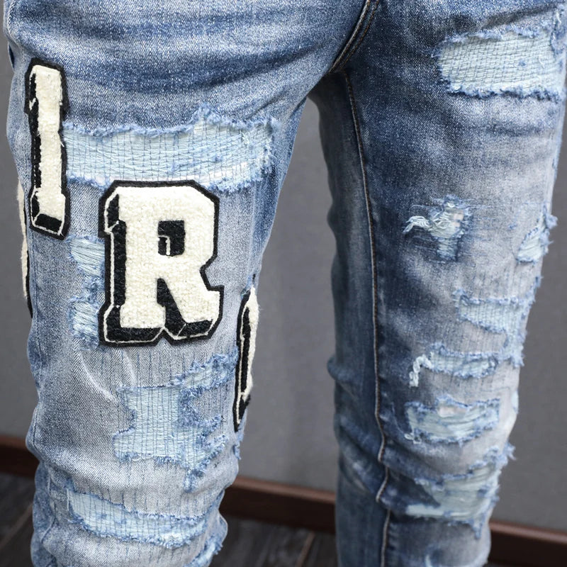 Designer street fashion men's jeans with elastic tight fit washed blue embroidery men's jeans hip-hop style pants hombre